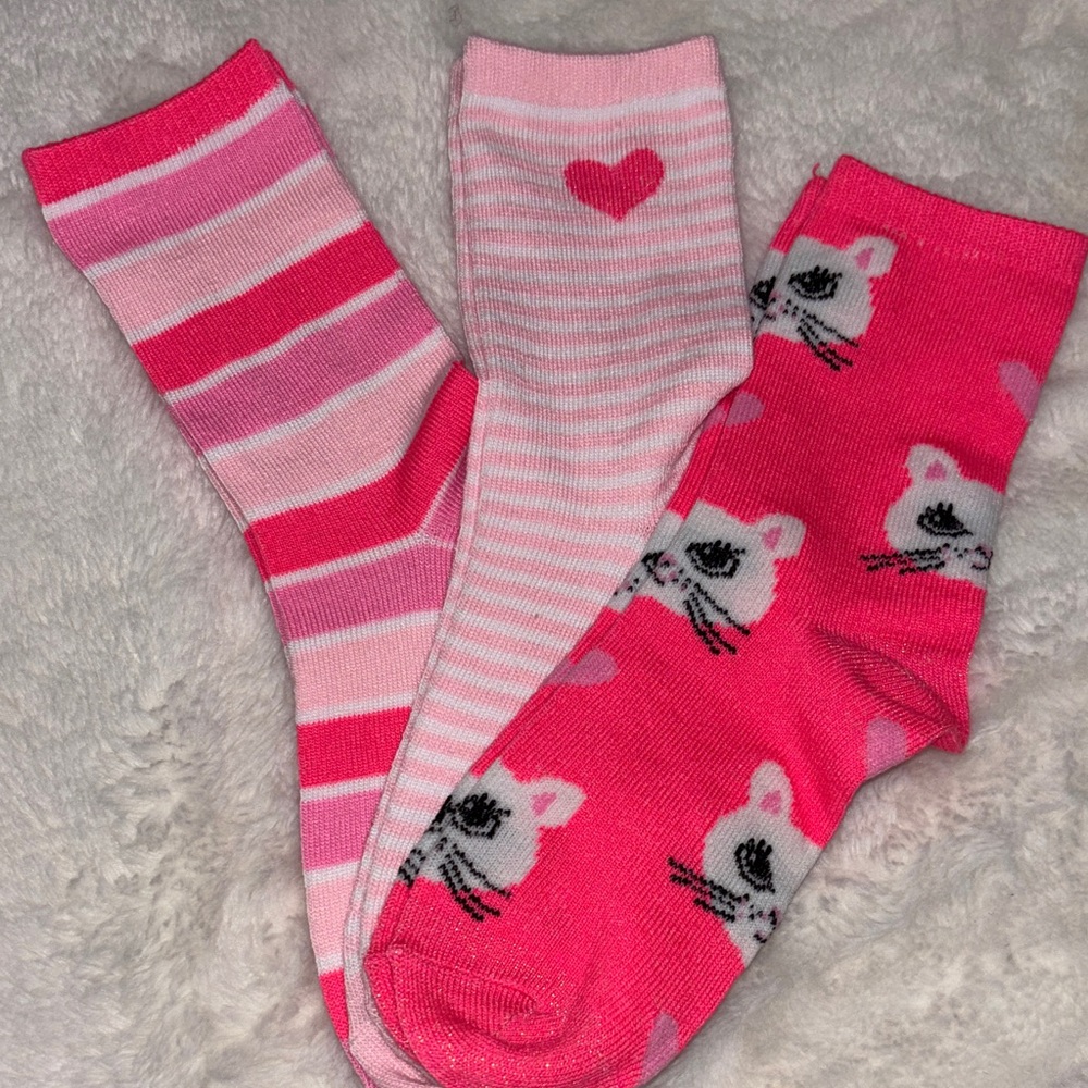 Girls Pink Kitty & Stripe Crew Socks - 3 Pack